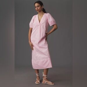 Anthropologie x Maeve Puff-Sleeve V-Neck Midi Dress small oversized pink stripe